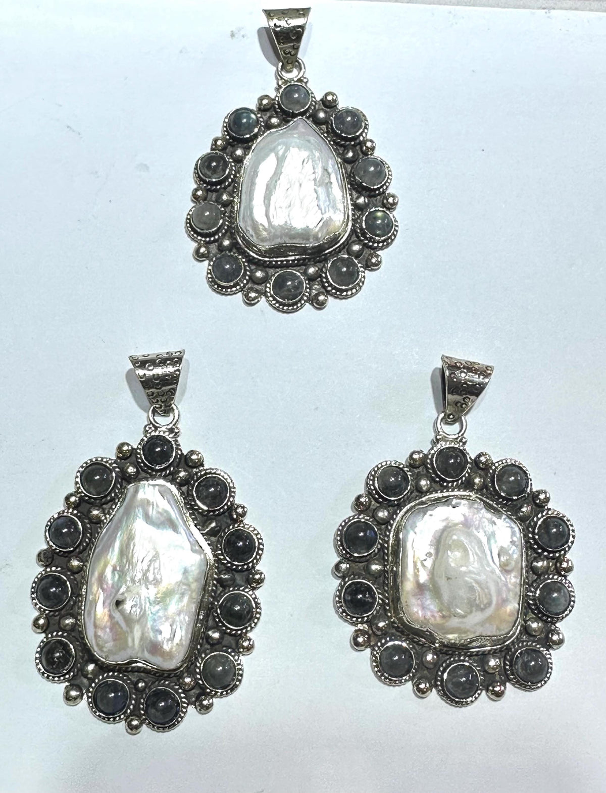 Mother of pearl pendant,labradorite, handcrafted, Tibetan silver,ethnic style,