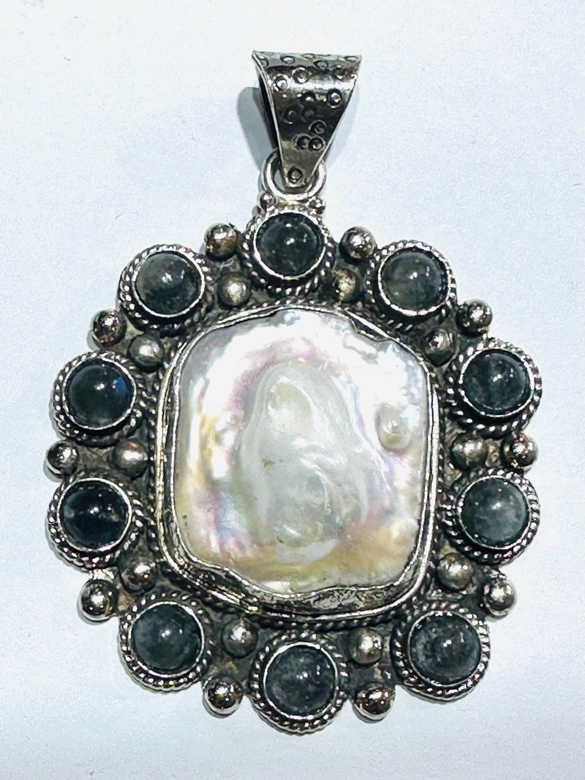 Mother of pearl pendant,labradorite, handcrafted, Tibetan silver,ethnic style,