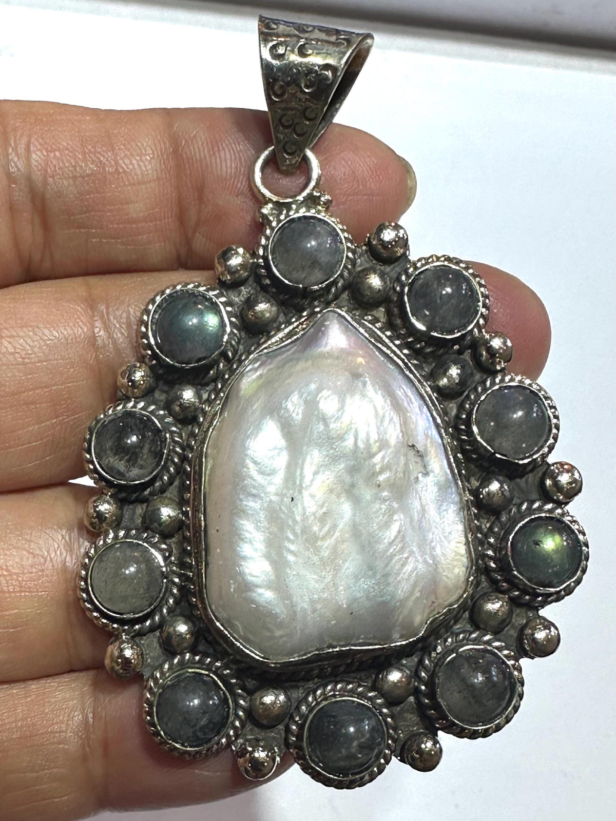 Mother of pearl pendant,labradorite, handcrafted, Tibetan silver,ethnic style,