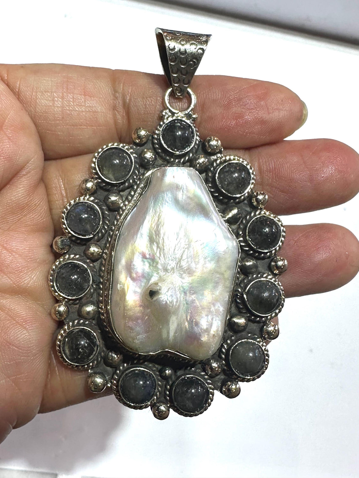 Mother of pearl pendant,labradorite, handcrafted, Tibetan silver,ethnic style,