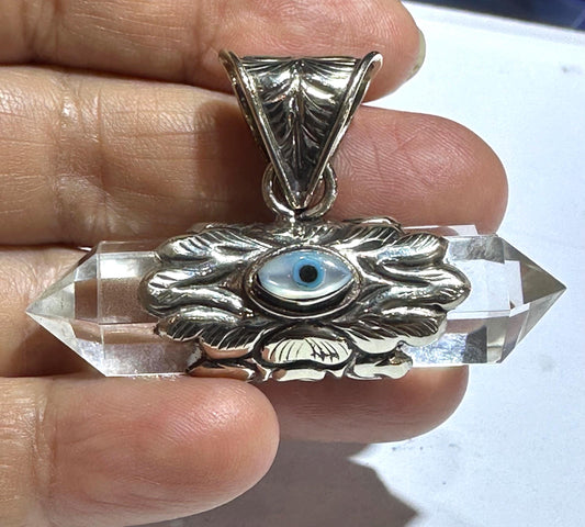 Evil eye pendant, double point Quartz crystal, handcrafted, Tibetan silver,