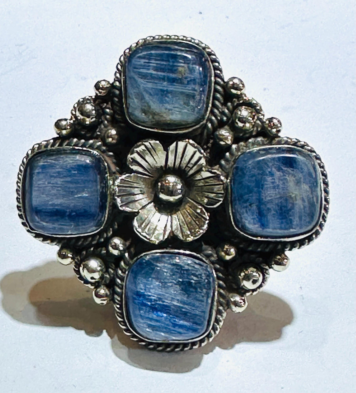 Kyanite ring, handcrafted, floral ring, adjustable,Tibetan silver
