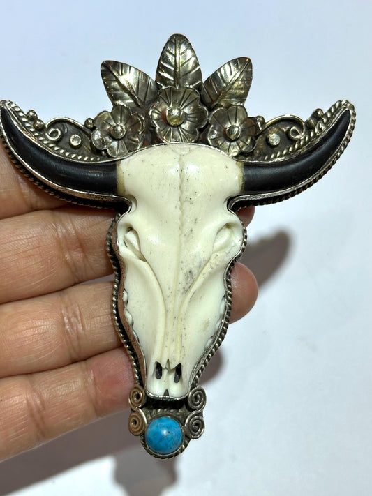 Bone carved bull head pendant, handcrafted, Tibetan silver,Turquoise,floral pendant