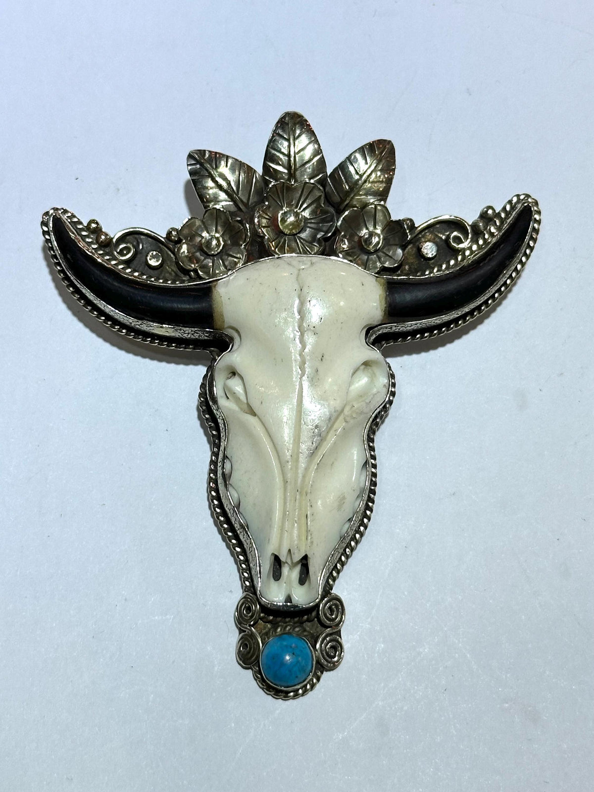 Bone carved bull head pendant, handcrafted, Tibetan silver,Turquoise,floral pendant