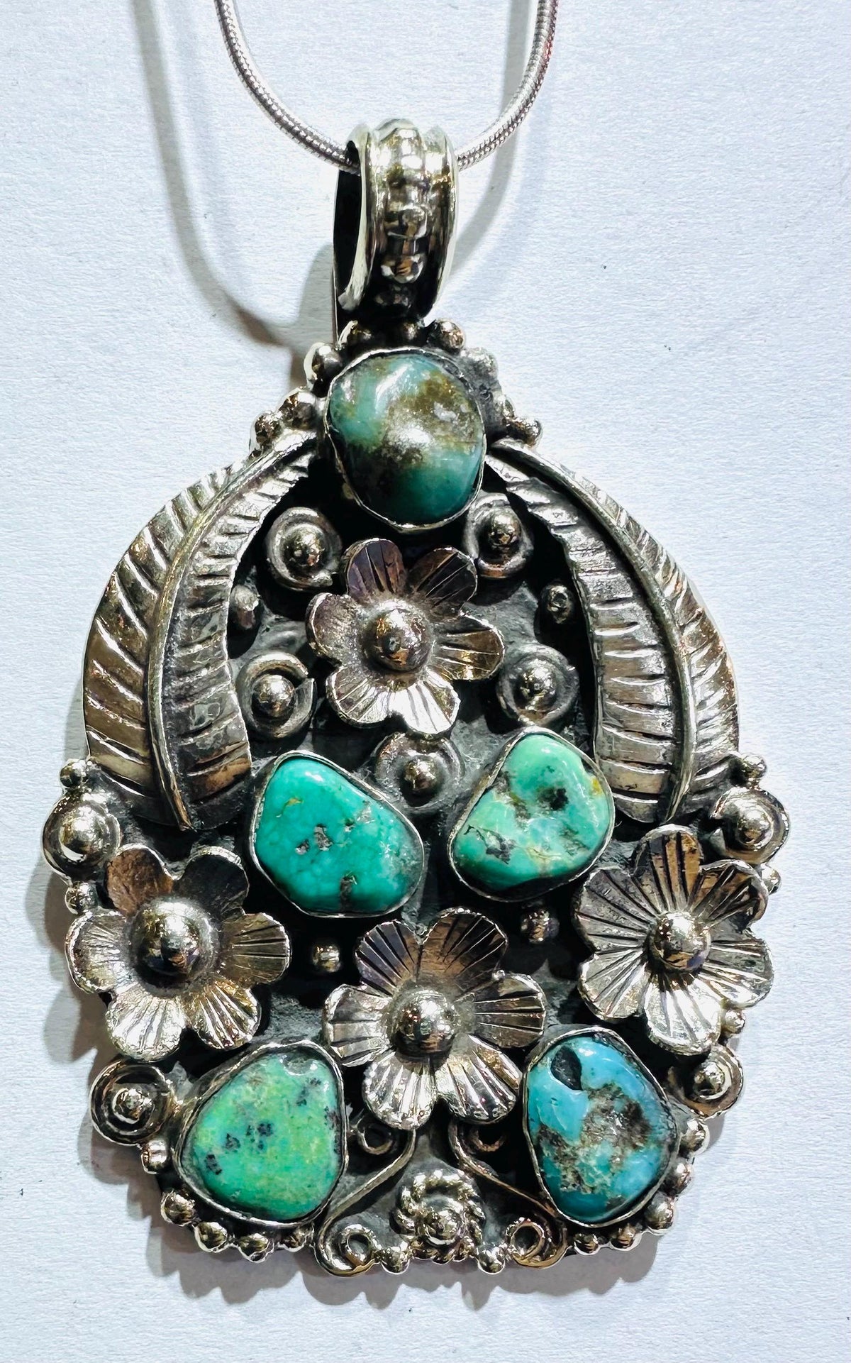 Turquoise pendant, floral, handcrafted, feather, Tibetan Silver,ethnic style