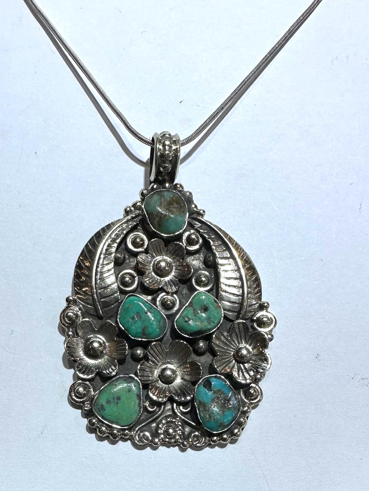 Turquoise pendant, floral, handcrafted, feather, Tibetan Silver,ethnic style