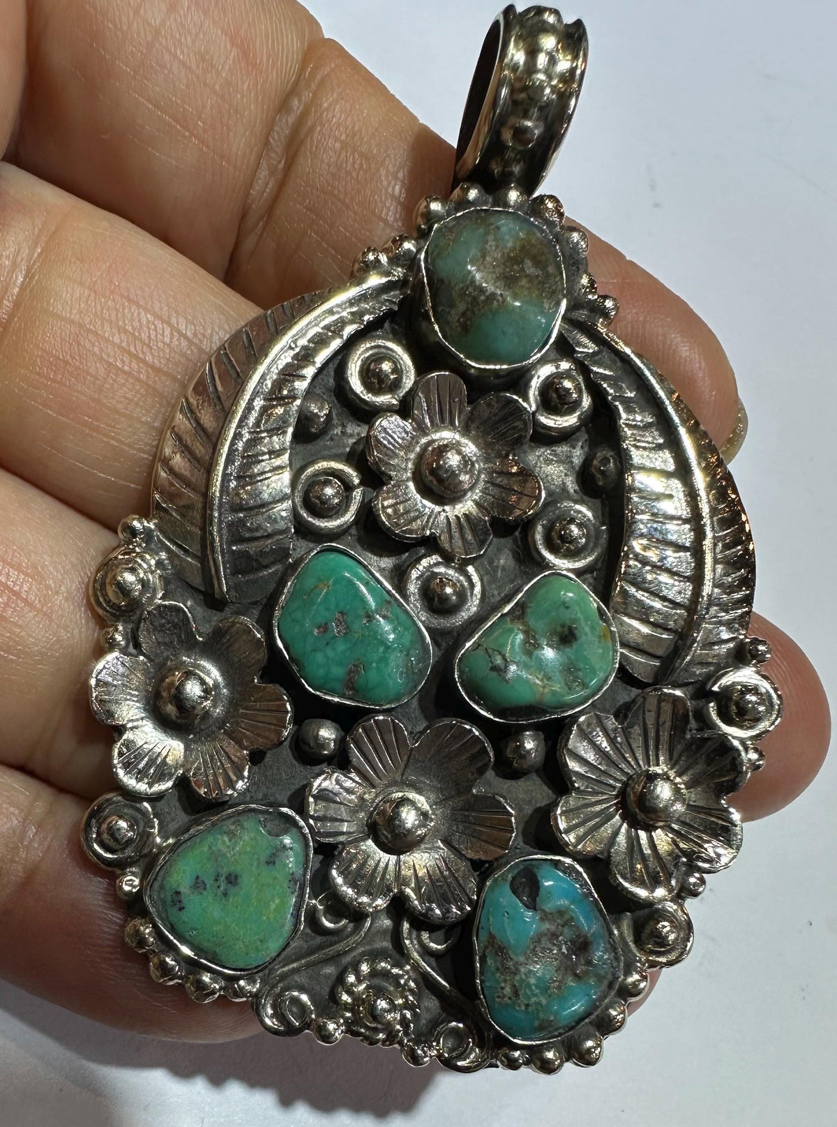 Turquoise pendant, floral, handcrafted, feather, Tibetan Silver,ethnic style