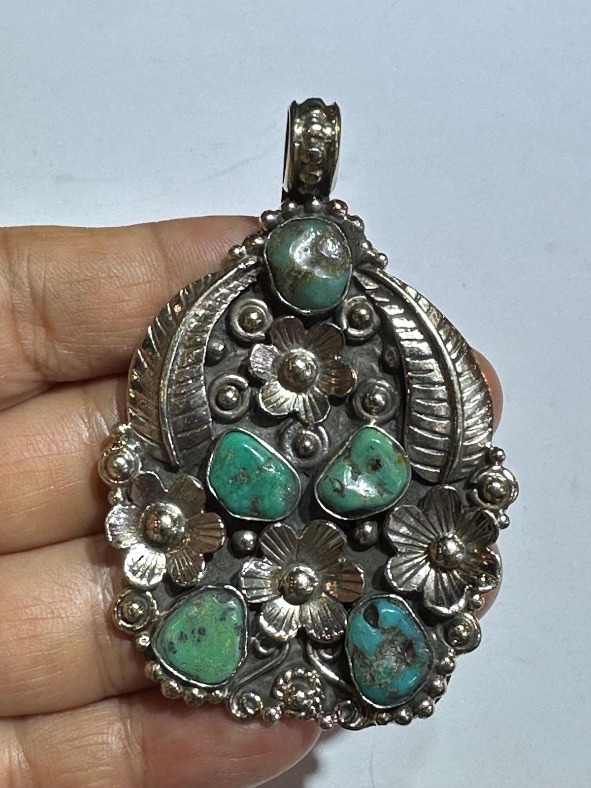 Turquoise pendant, floral, handcrafted, feather, Tibetan Silver,ethnic style