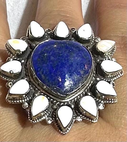 Lapis lazuli heart ring,teardrop shell,handcrafted,adjustable,Tibetan silver
