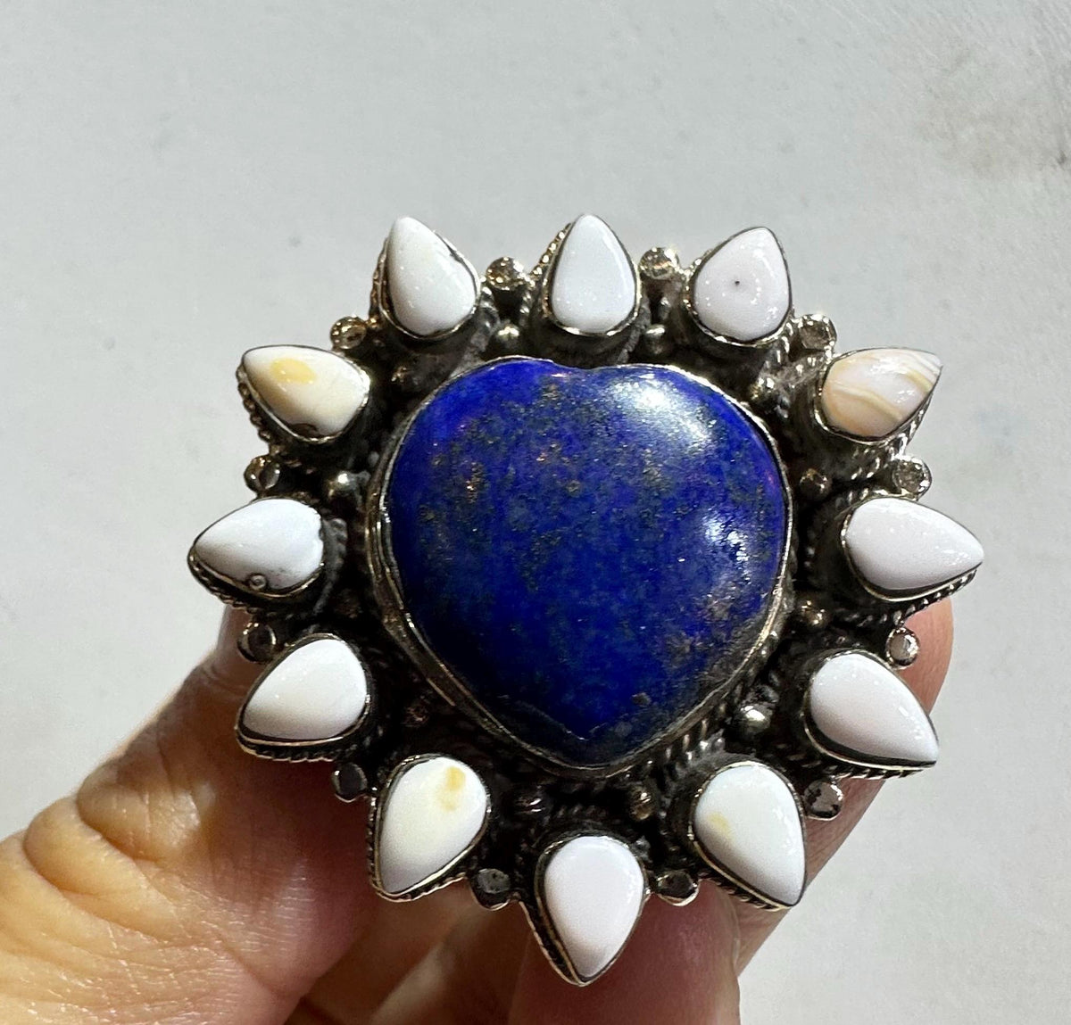 Lapis lazuli heart ring,teardrop shell,handcrafted,adjustable,Tibetan silver