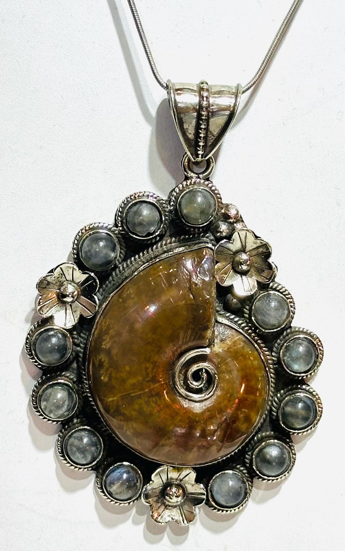 Ammonite fossil, handcrafted,labradorite,Tibetan silver,