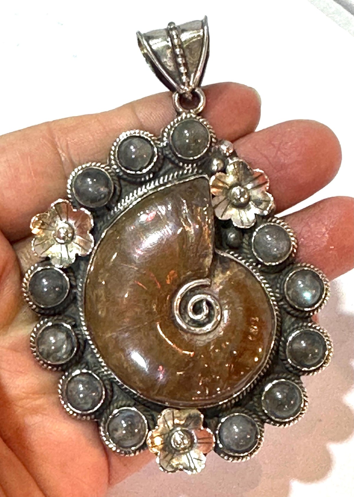 Ammonite fossil, handcrafted,labradorite,Tibetan silver,