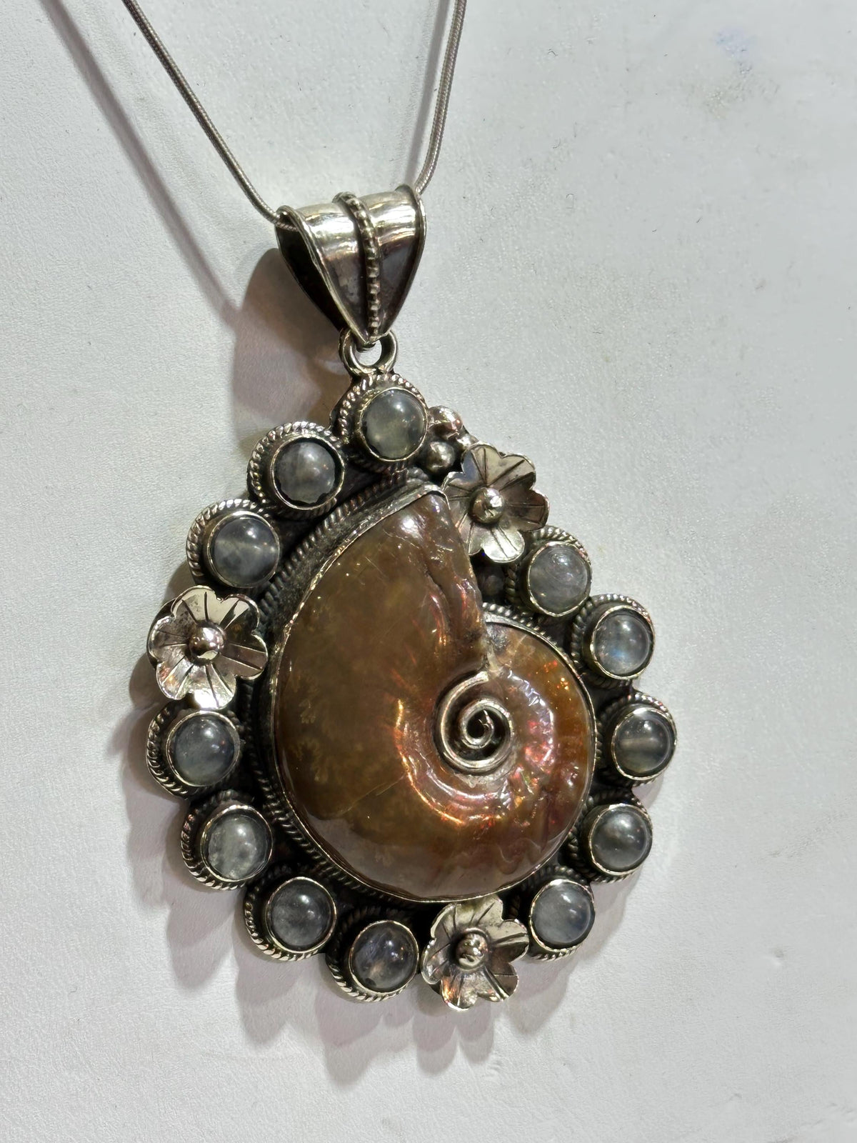 Ammonite fossil, handcrafted,labradorite,Tibetan silver,