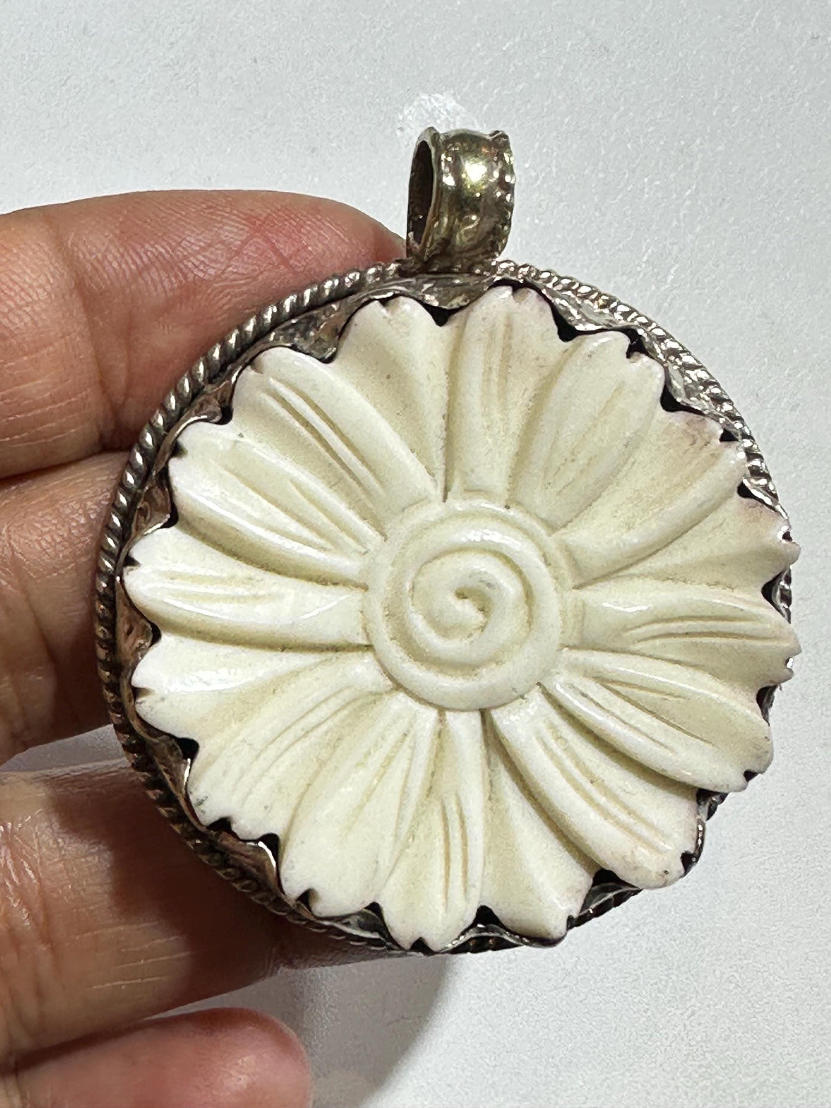 Bone carved flower pendant, handcrafted, Tibetan silver,floral pendant