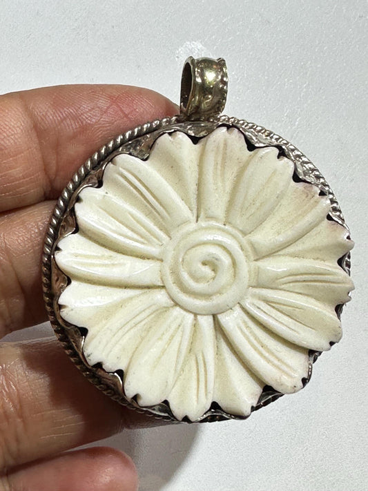 Bone carved flower pendant, handcrafted, Tibetan silver,floral pendant