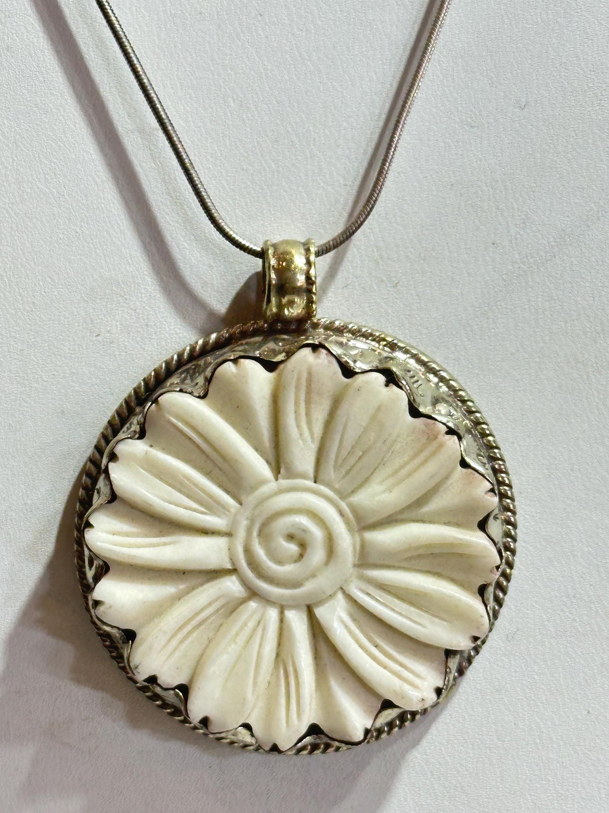 Bone carved flower pendant, handcrafted, Tibetan silver,floral pendant