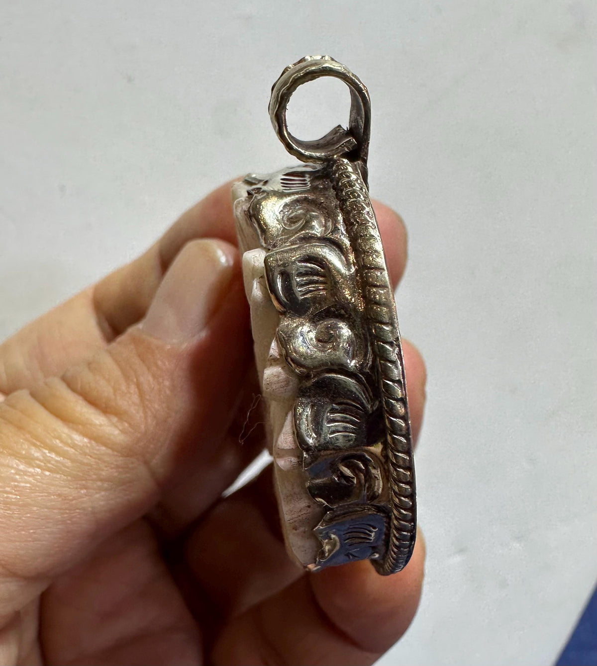 Bone carved flower pendant, handcrafted, Tibetan silver,floral pendant