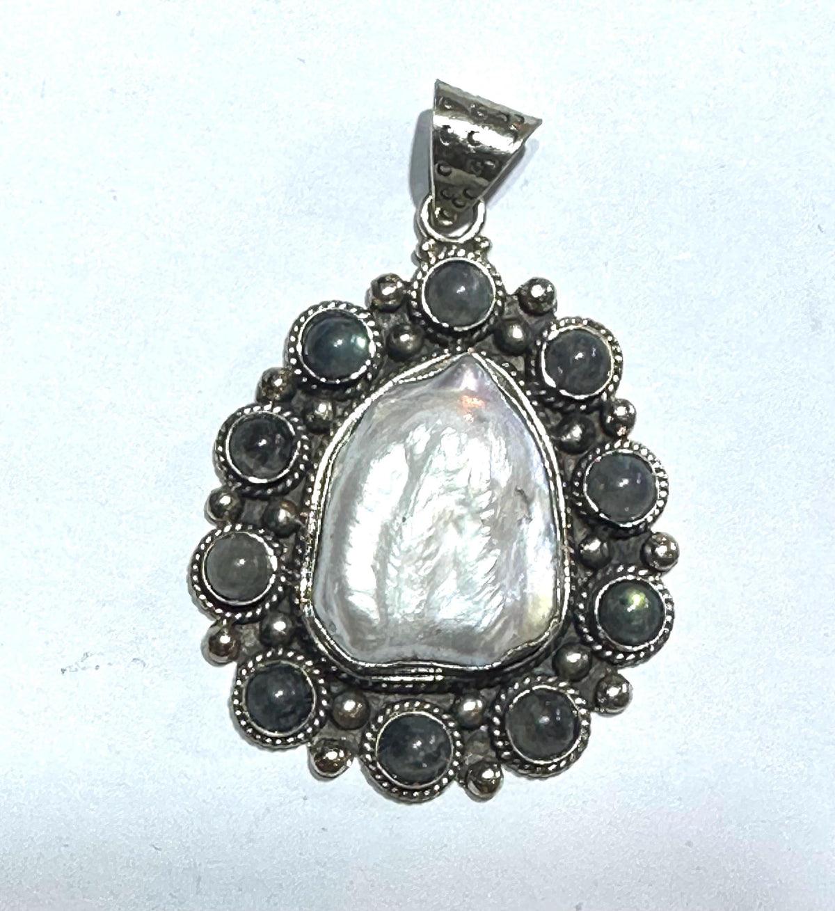Mother of pearl pendant,labradorite, handcrafted, Tibetan silver,ethnic style,