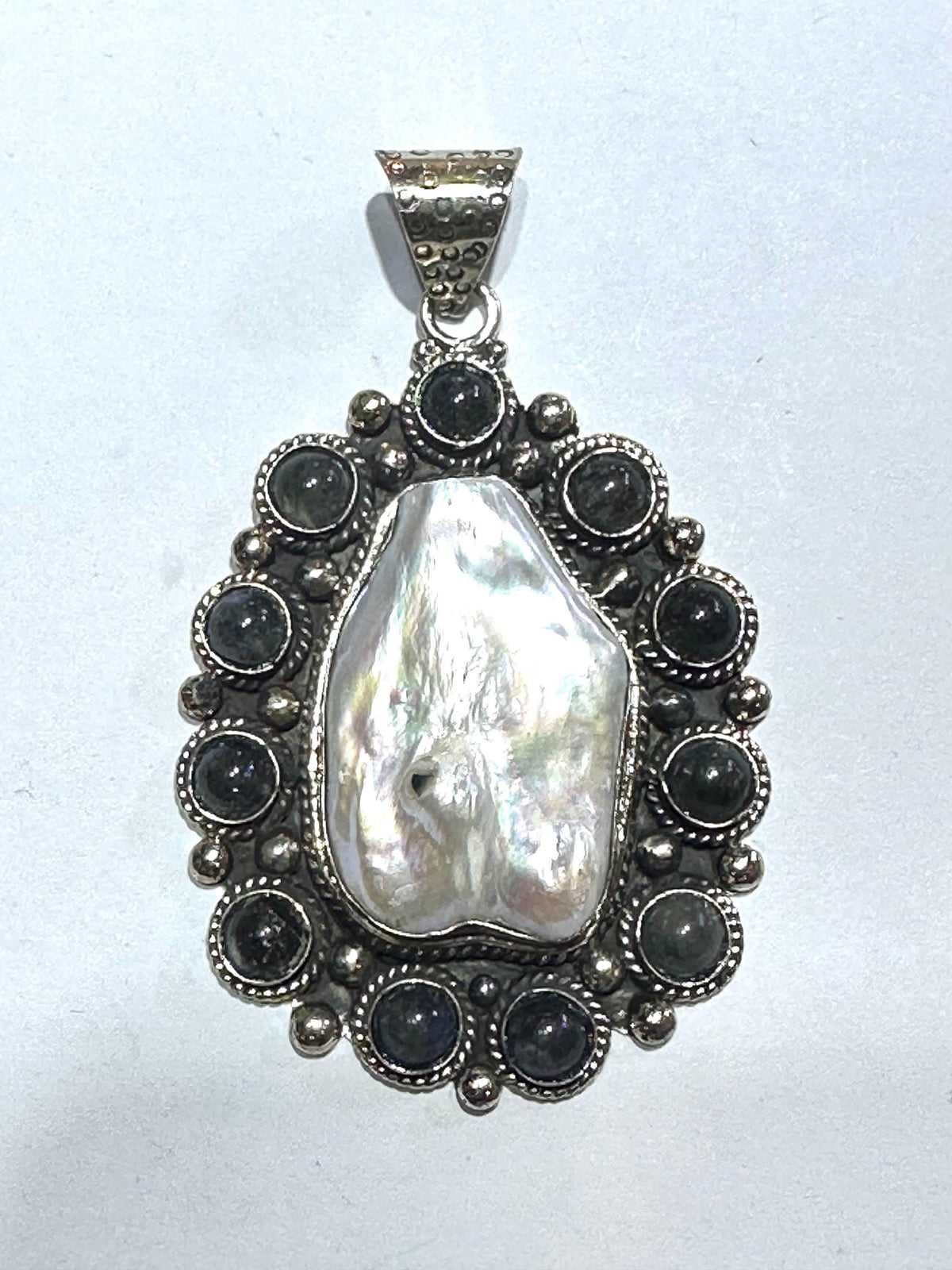 Mother of pearl pendant,labradorite, handcrafted, Tibetan silver,ethnic style,