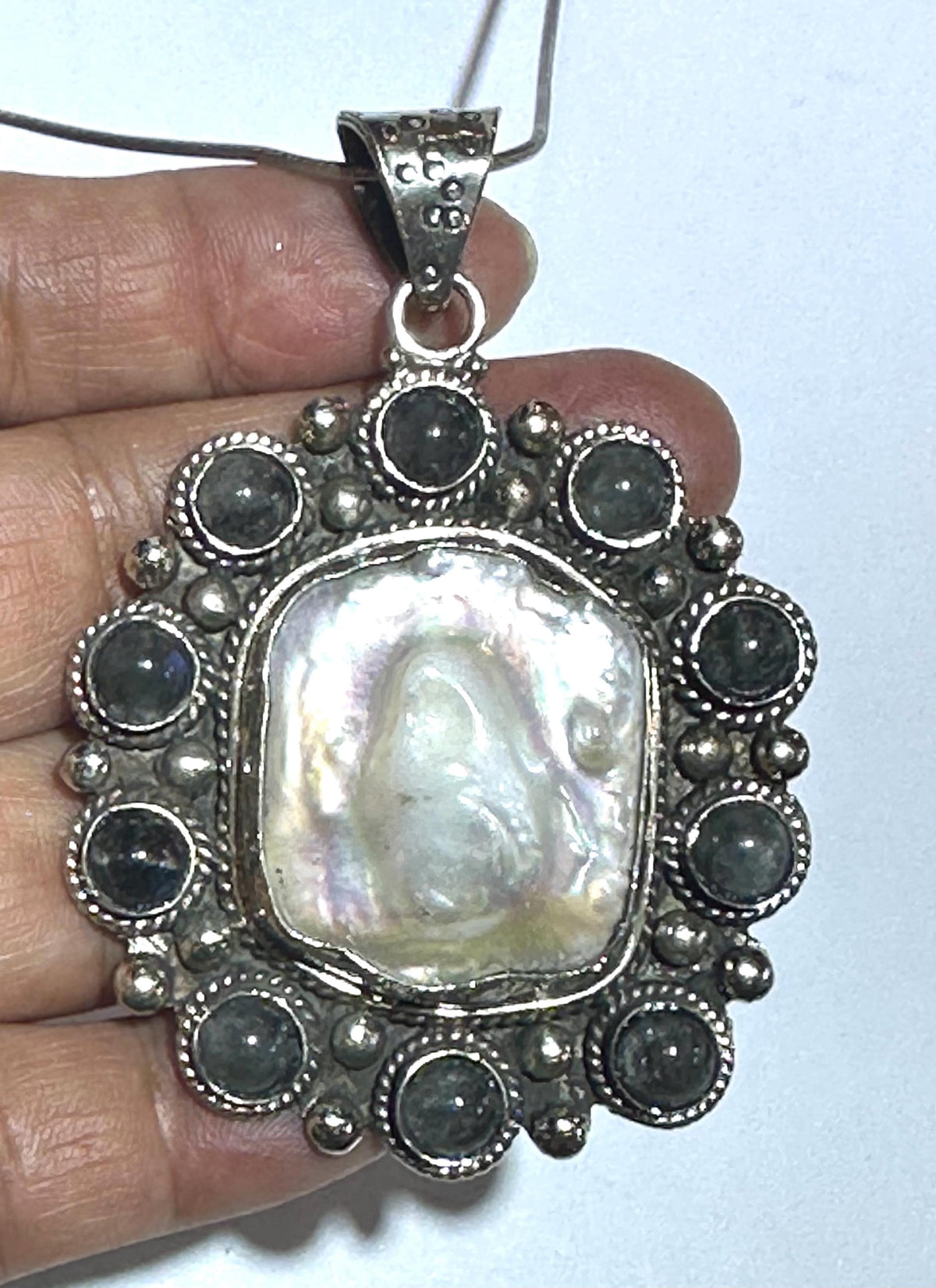 Mother of pearl pendant,labradorite, handcrafted, Tibetan silver,ethnic style,