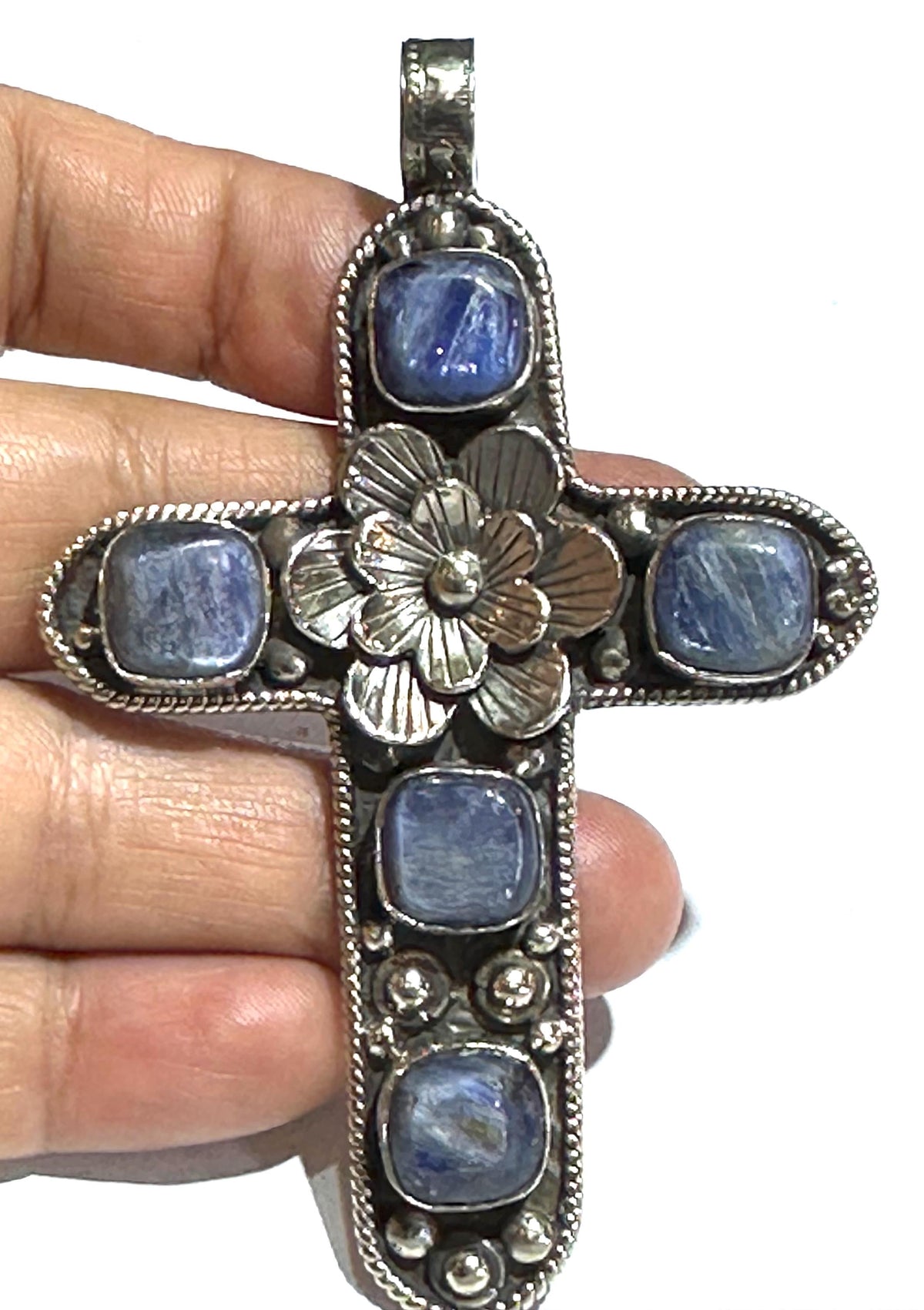 Kyanite pendant,cross pendant ,Tibetan silver,handcrafted,