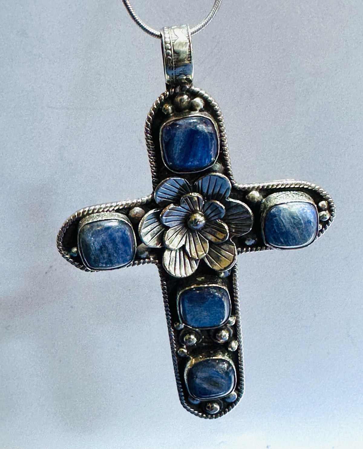 Kyanite pendant,cross pendant ,Tibetan silver,handcrafted,