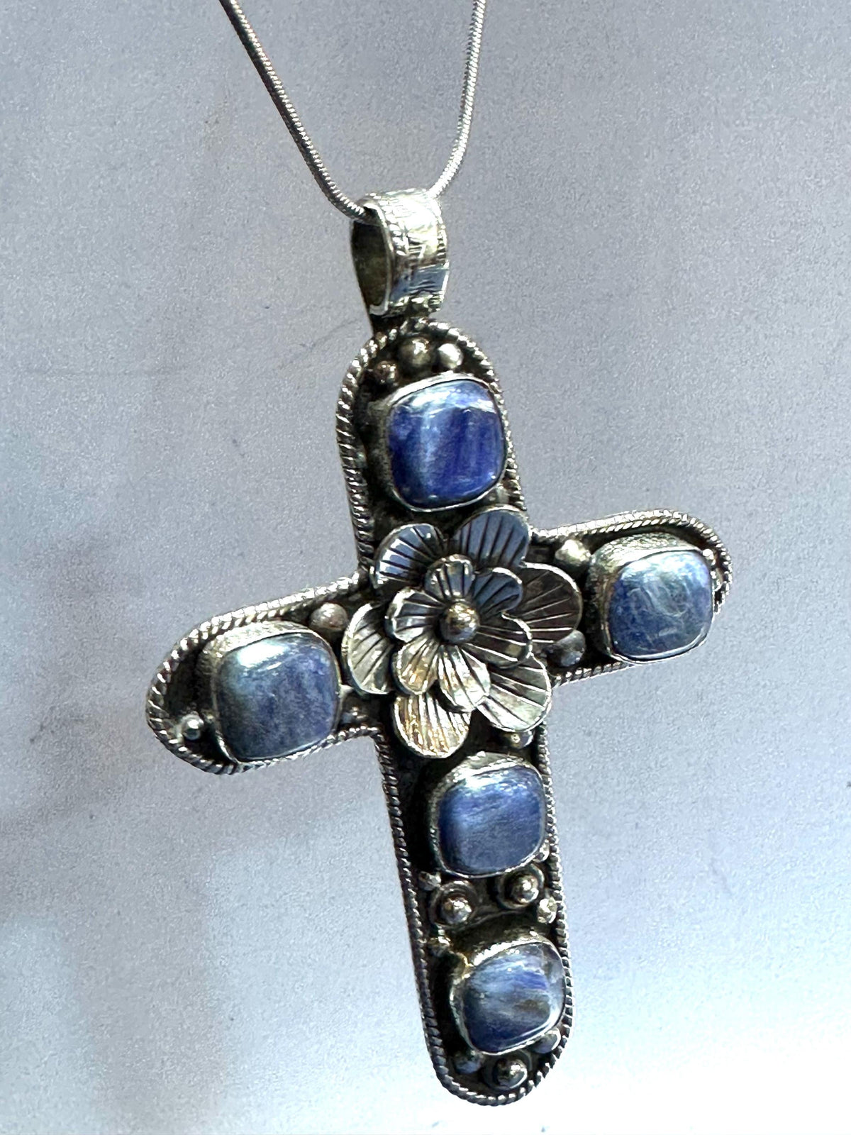 Kyanite pendant,cross pendant ,Tibetan silver,handcrafted,