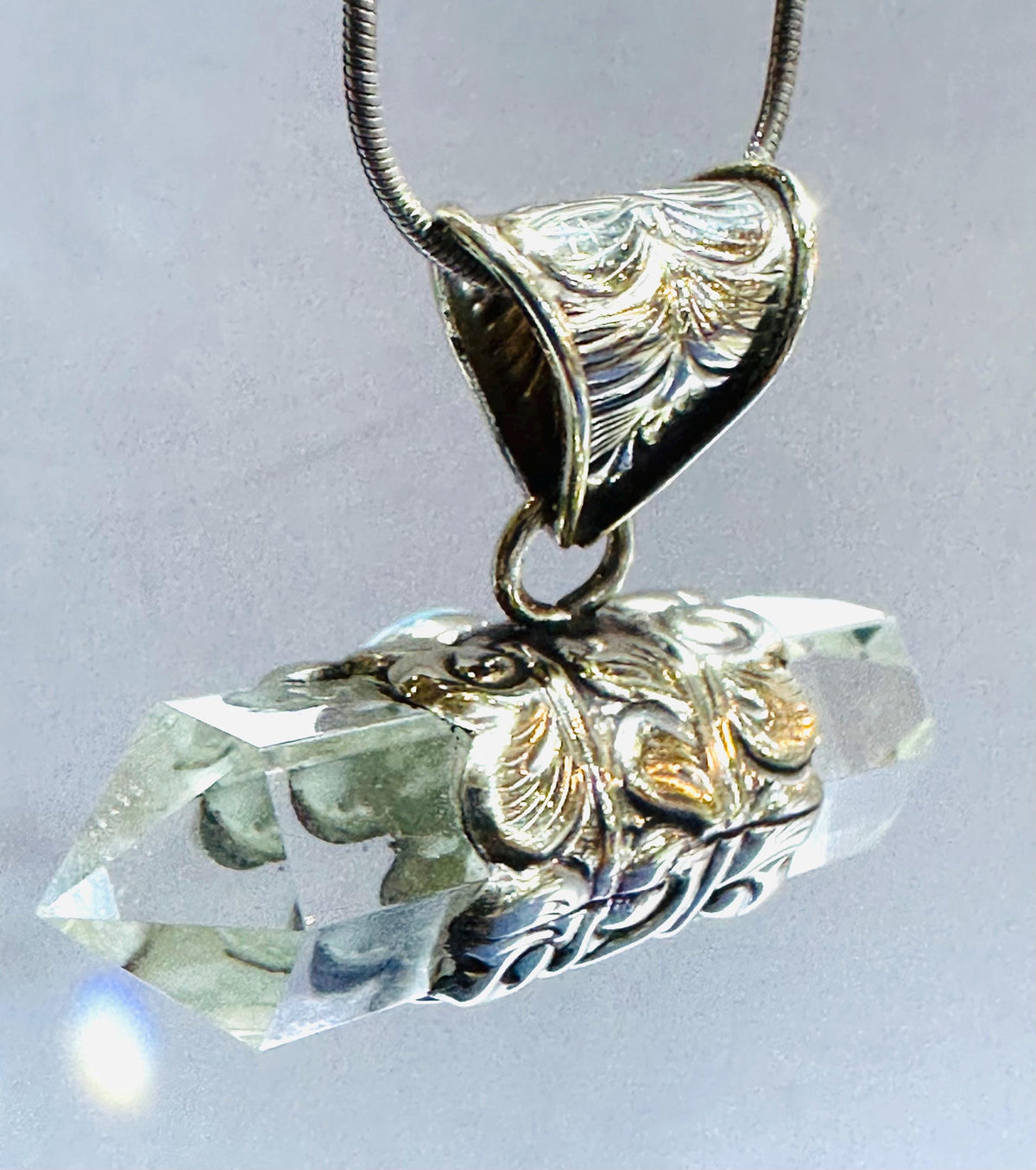 Evil eye pendant, double point Quartz crystal, handcrafted, Tibetan silver,