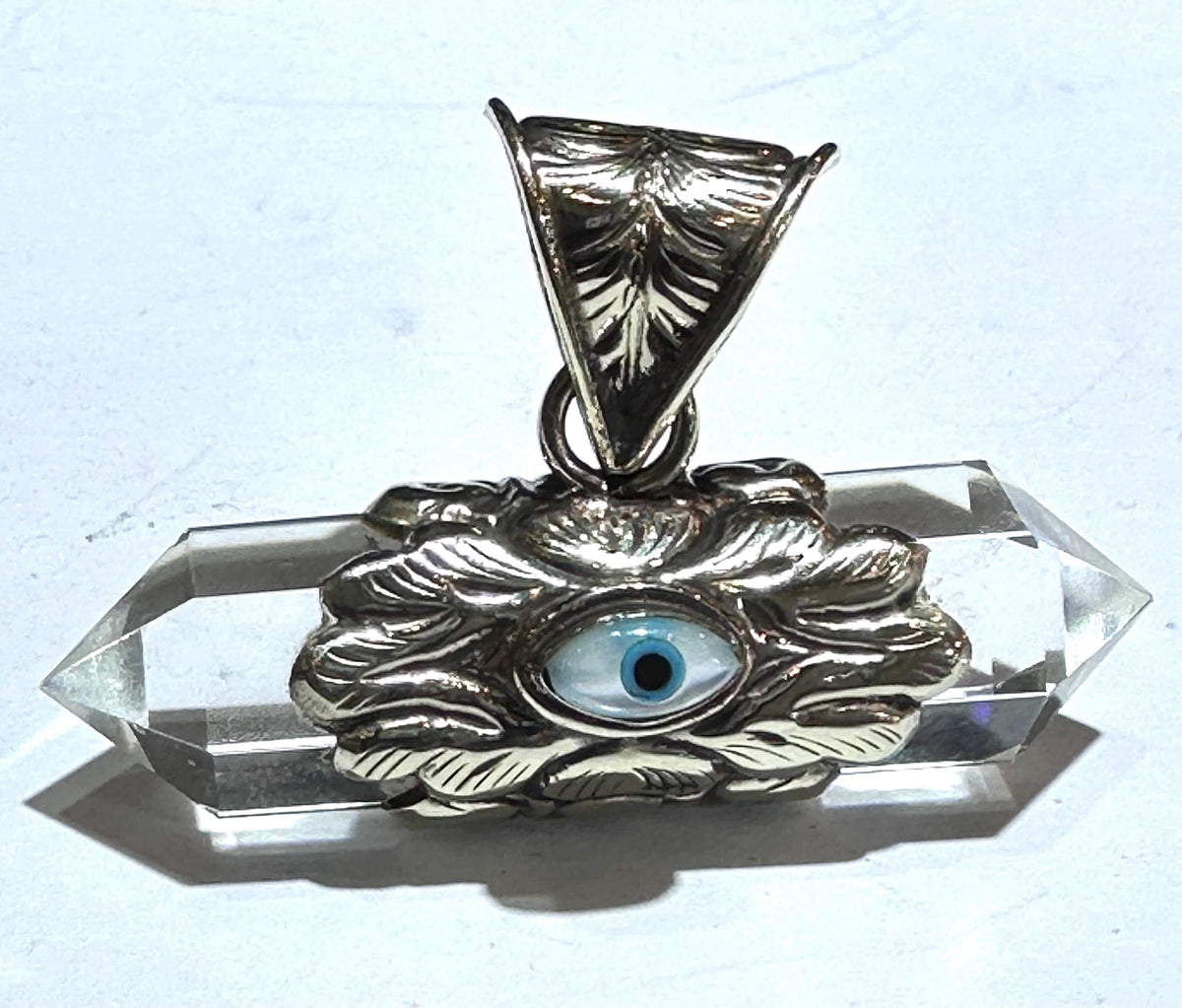 Evil eye pendant, double point Quartz crystal, handcrafted, Tibetan silver,