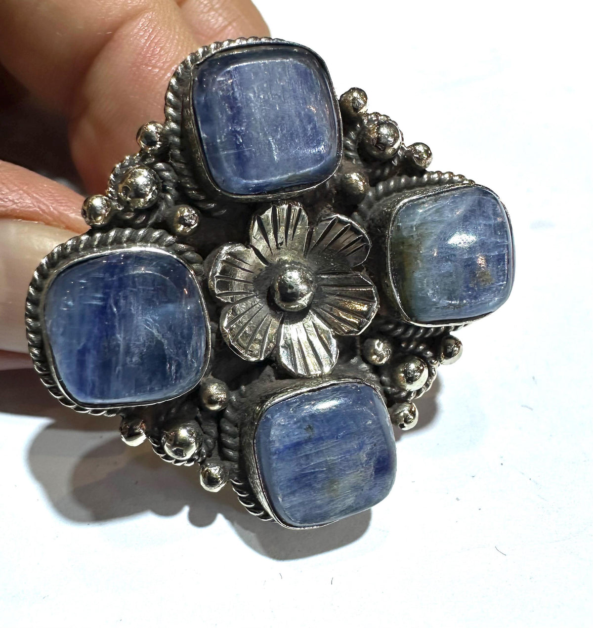 Kyanite ring, handcrafted, floral ring, adjustable,Tibetan silver