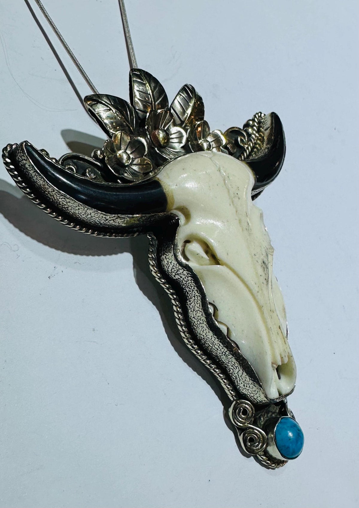 Bone carved bull head pendant, handcrafted, Tibetan silver,Turquoise,floral pendant