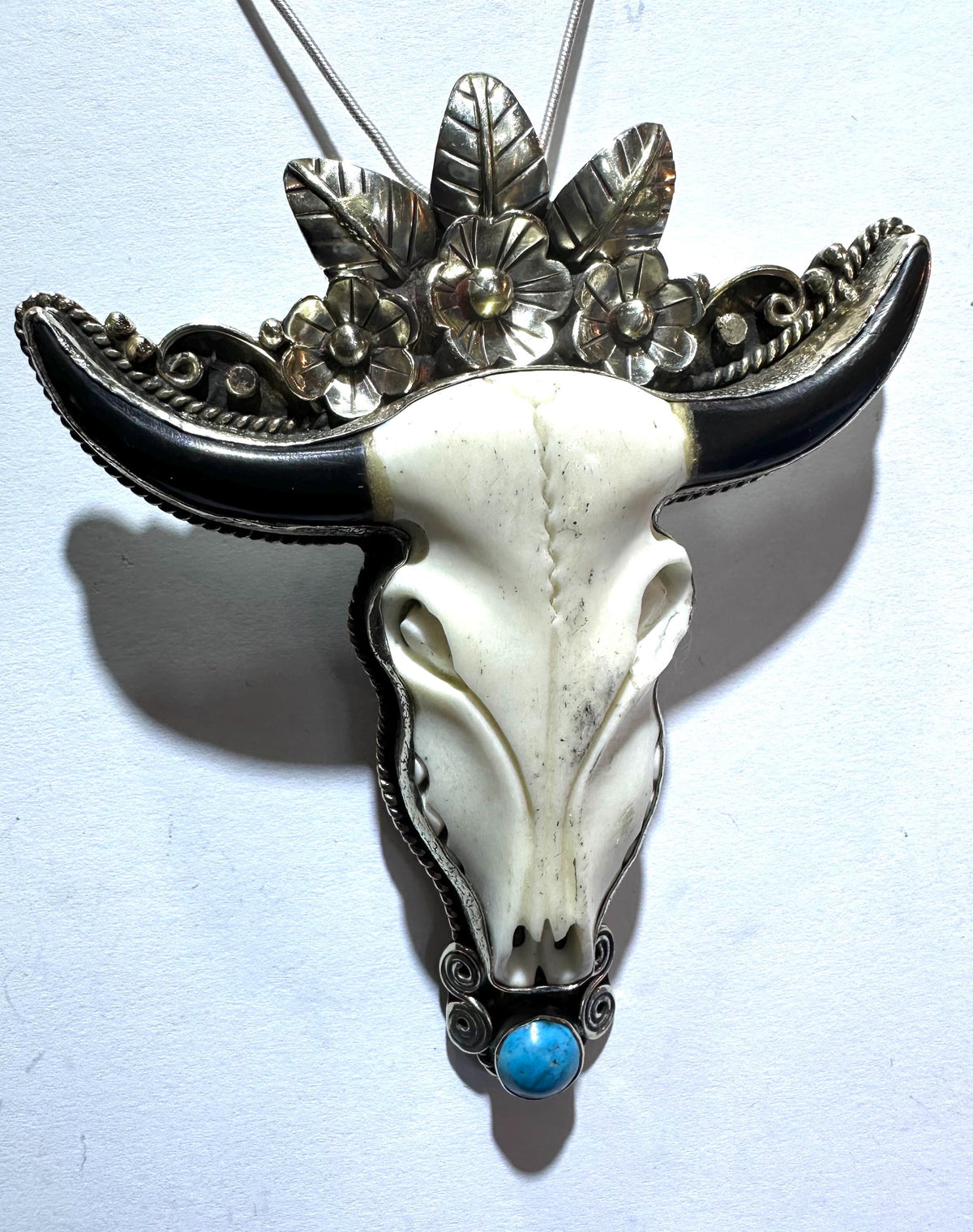 Bone carved bull head pendant, handcrafted, Tibetan silver,Turquoise,floral pendant