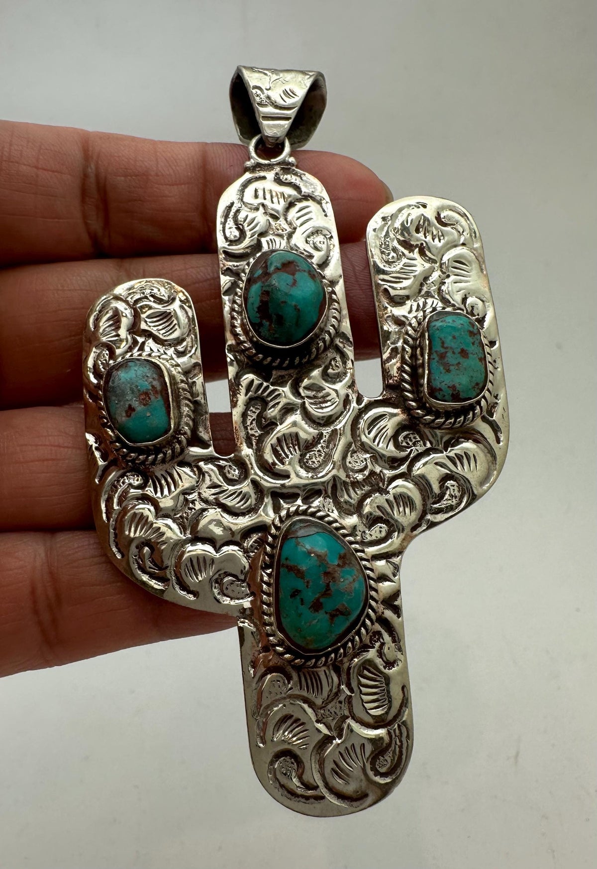 Cactus pendant,turquoise,handcrafted,tibetan silver, artisan jewelry,46.4mmX87.9mm