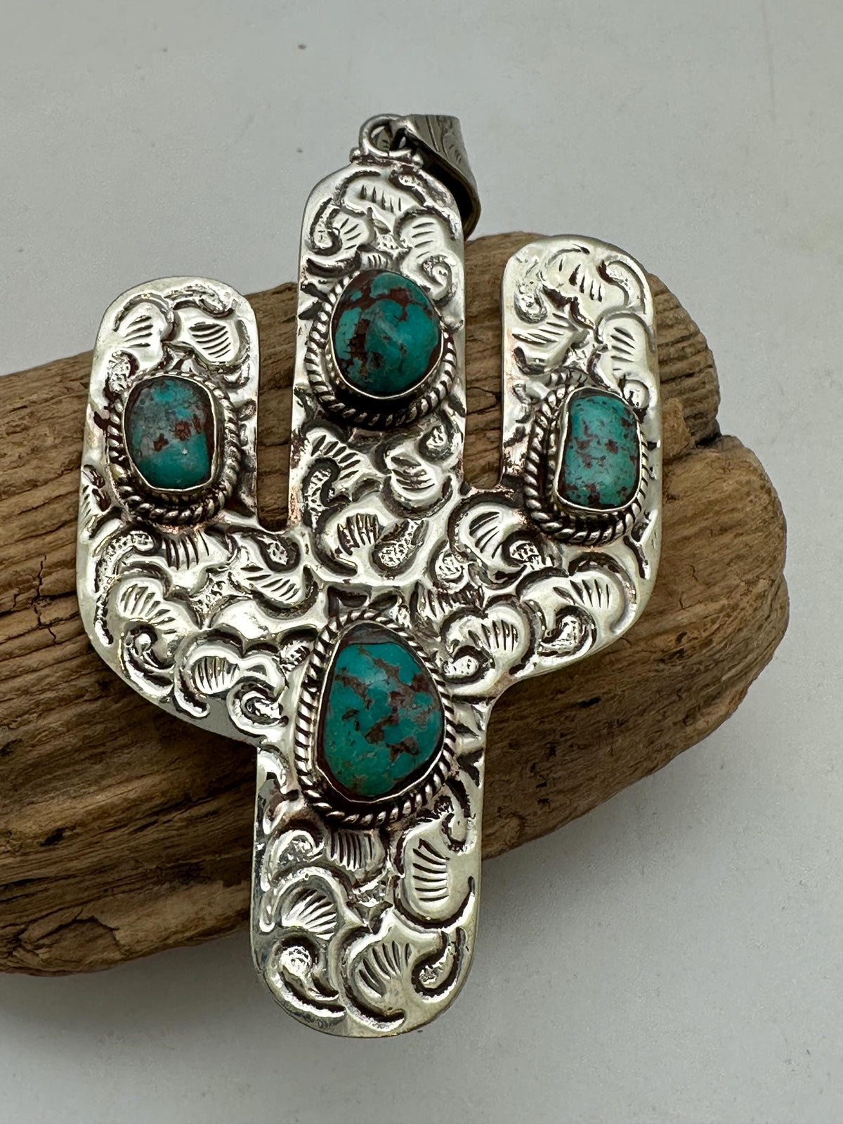 Cactus pendant,turquoise,handcrafted,tibetan silver, artisan jewelry,46.4mmX87.9mm
