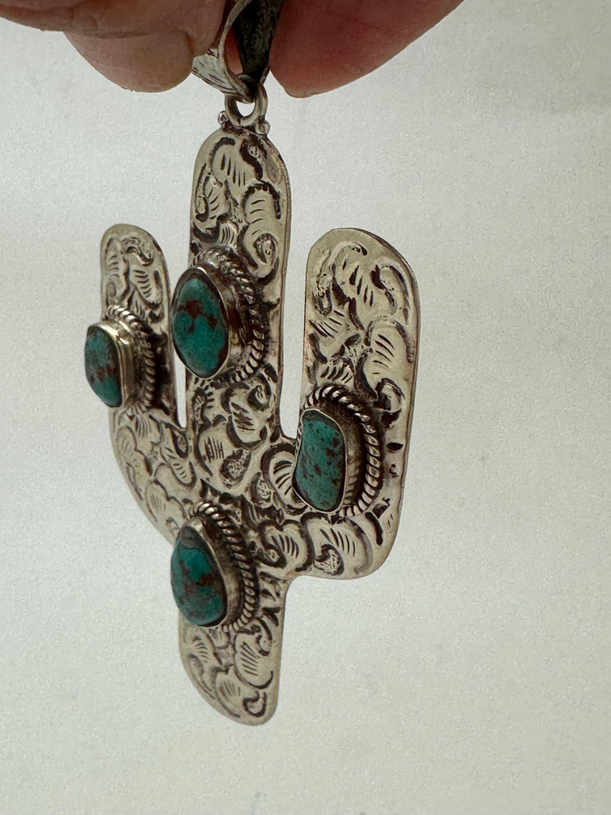Cactus pendant,turquoise,handcrafted,tibetan silver, artisan jewelry,46.4mmX87.9mm