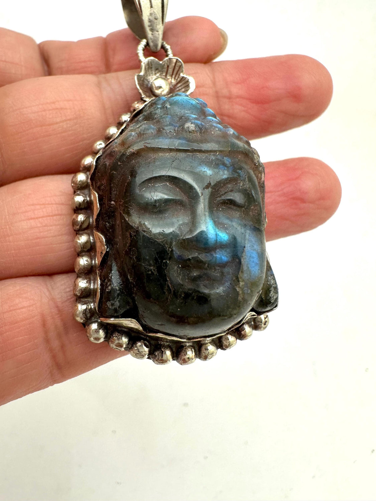 Buddha pendant, labradorite carved, handcrafted,Tibetan silver,spiritual,meditation, amulet,58mmX29mm