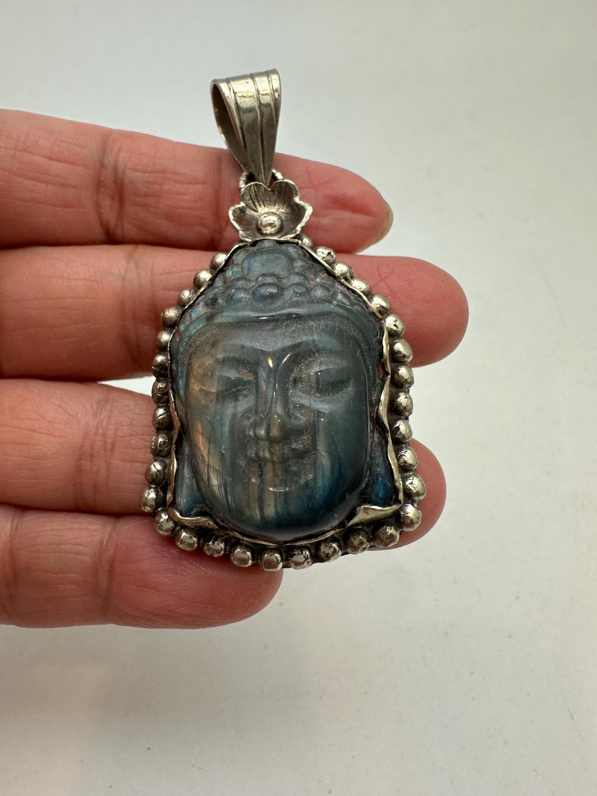 Buddha pendant, labradorite carved, handcrafted,Tibetan silver,spiritual,meditation, amulet,58mmX29mm