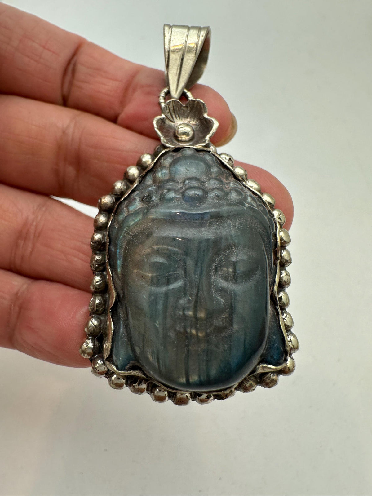 Buddha pendant, labradorite carved, handcrafted,Tibetan silver,spiritual,meditation, amulet,58mmX29mm