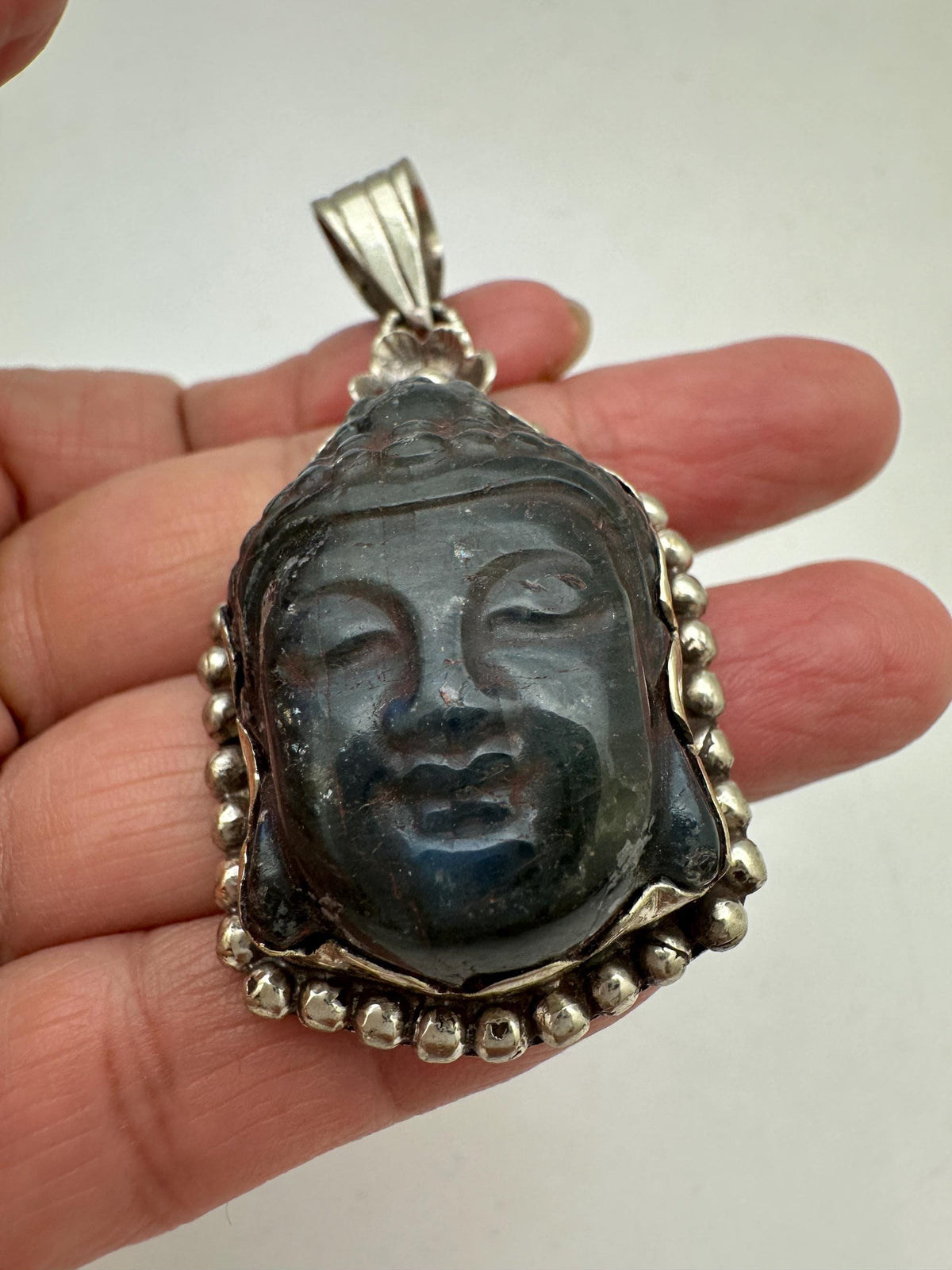 Buddha pendant, labradorite carved, handcrafted,Tibetan silver,spiritual,meditation, amulet,58mmX29mm