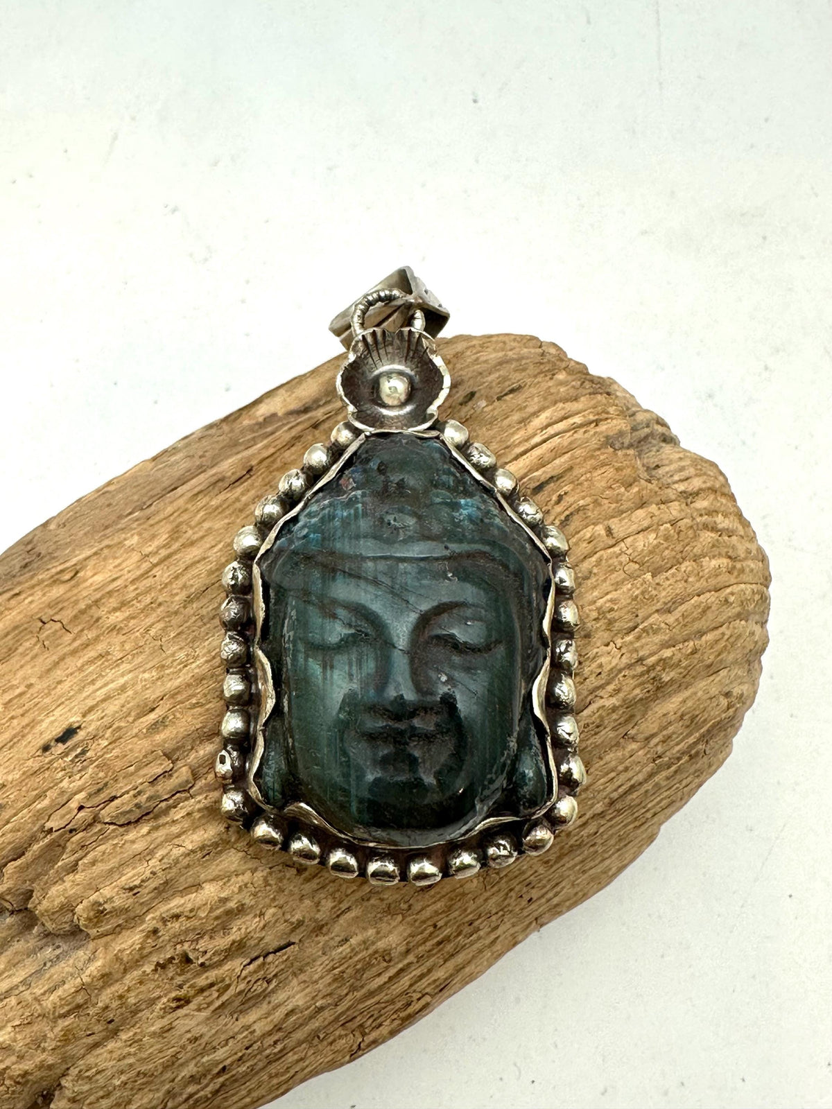 Buddha pendant, labradorite carved, handcrafted,Tibetan silver,spiritual,meditation, amulet,58mmX29mm