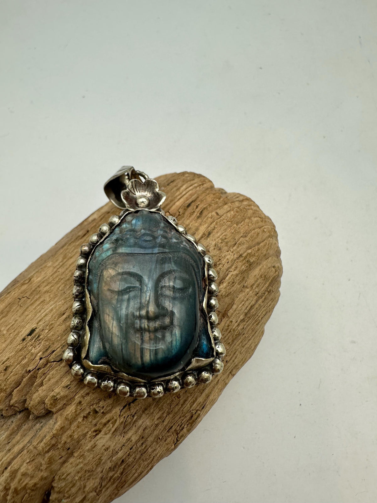 Buddha pendant, labradorite carved, handcrafted,Tibetan silver,spiritual,meditation, amulet,58mmX29mm