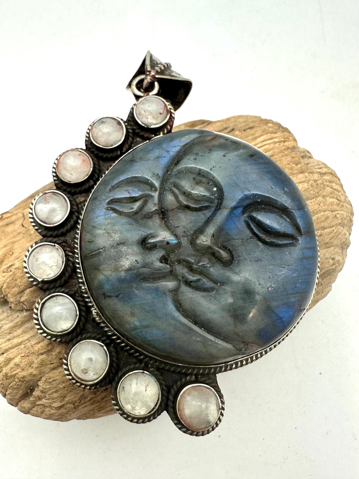 Labradorite carved sun and moon face pendant, moonstone,handcrafted,tibetan silver,78mmX53.9mm