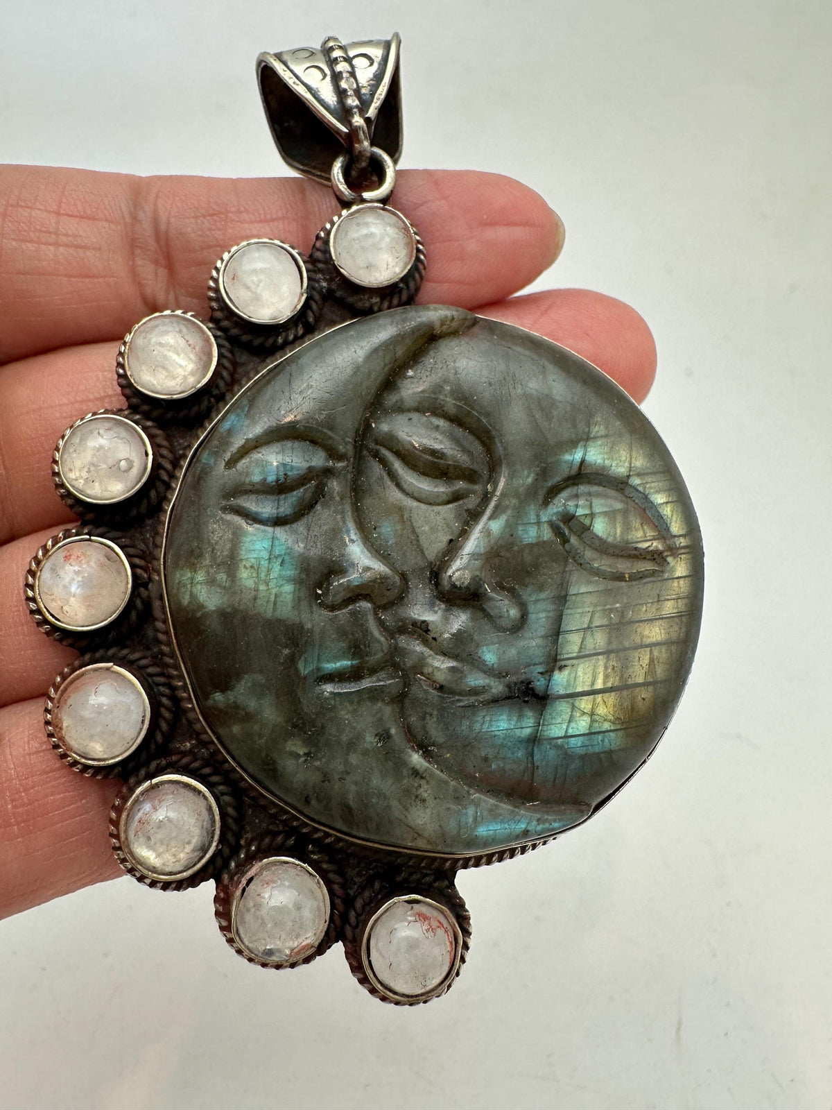 Labradorite carved sun and moon face pendant, moonstone,handcrafted,tibetan silver,78mmX53.9mm