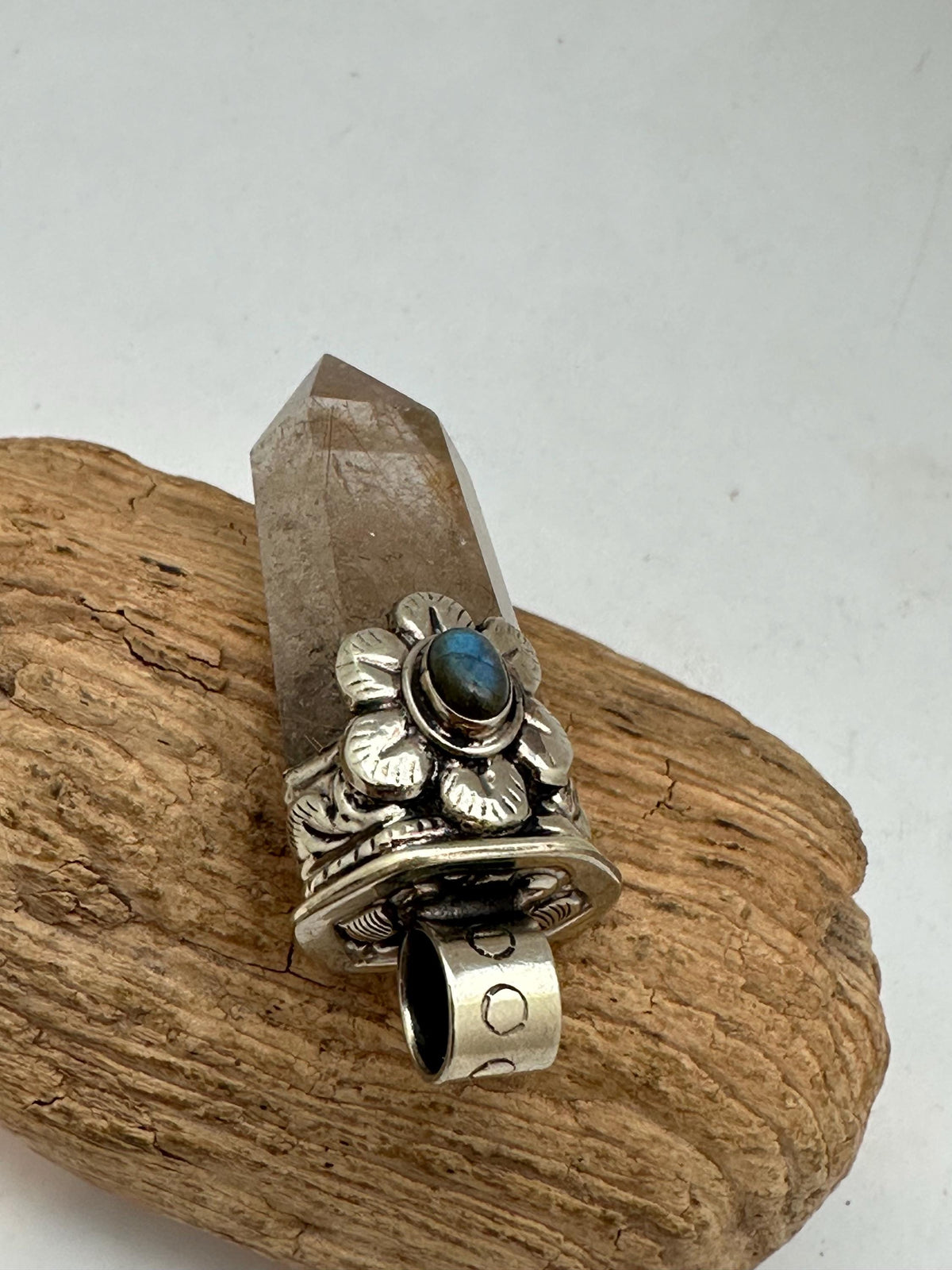 Golden Rutilated Smokey Quartz with labradorite Pendant, Tibetan Repousse Silver, Labradorite (32mmX62mm)