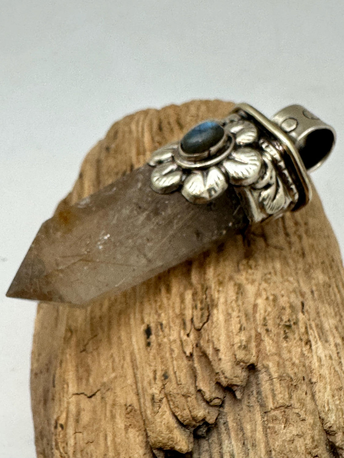 Golden Rutilated Smokey Quartz with labradorite Pendant, Tibetan Repousse Silver, Labradorite (32mmX62mm)