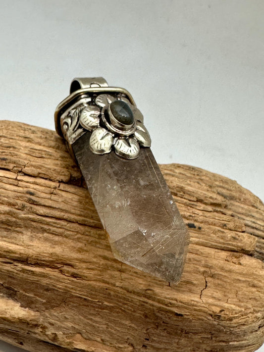 Golden Rutilated Smokey Quartz with labradorite Pendant, Tibetan Repousse Silver, Labradorite (32mmX62mm)