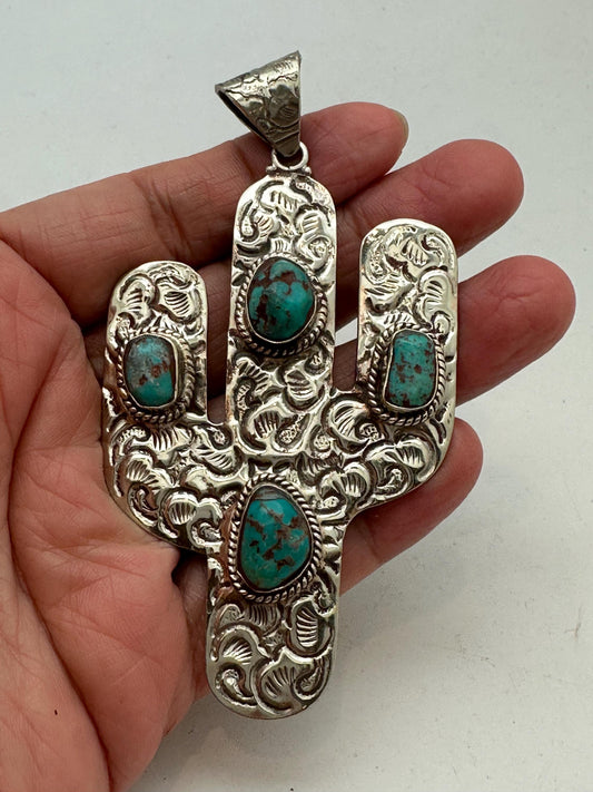 Cactus pendant,turquoise,handcrafted,tibetan silver, artisan jewelry,46.4mmX87.9mm