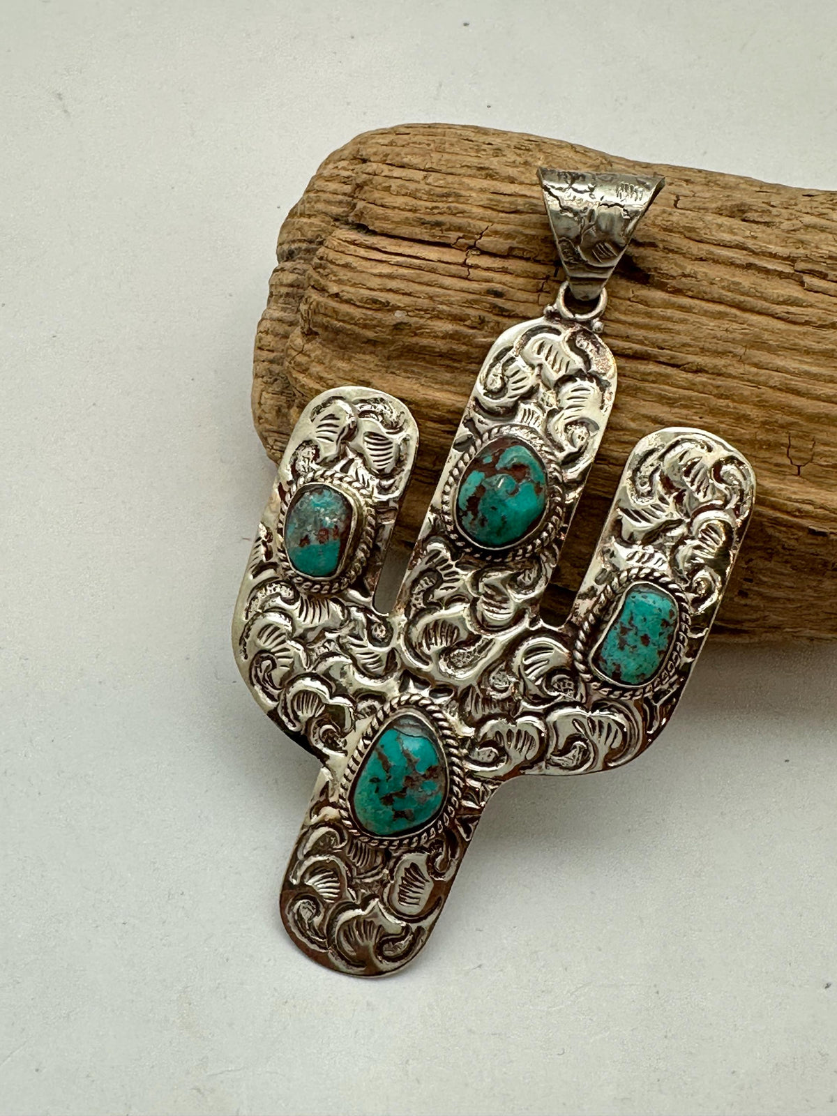 Cactus pendant,turquoise,handcrafted,tibetan silver, artisan jewelry,46.4mmX87.9mm
