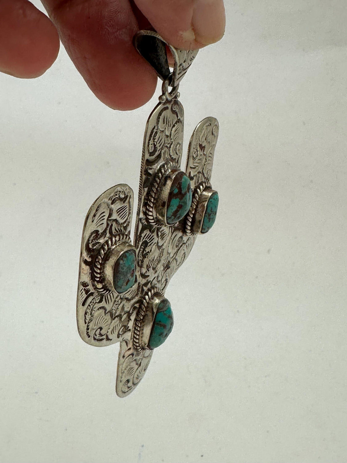 Cactus pendant,turquoise,handcrafted,tibetan silver, artisan jewelry,46.4mmX87.9mm