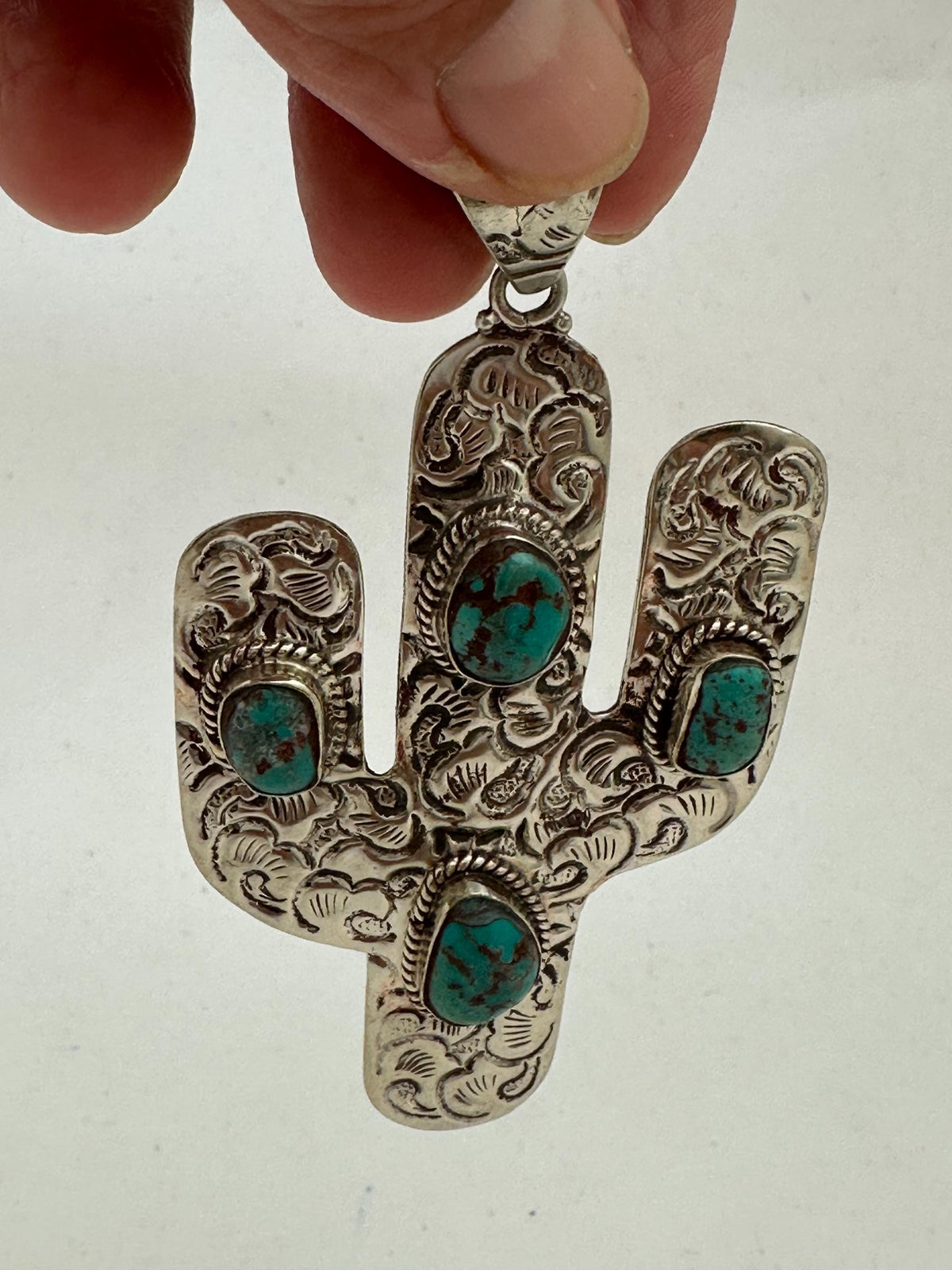 Cactus pendant,turquoise,handcrafted,tibetan silver, artisan jewelry,46.4mmX87.9mm